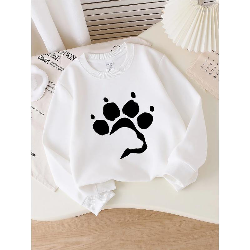 Kids Crewneck Sweatshirt, White Paw Prints on Black Background Graphic Print 110 белый