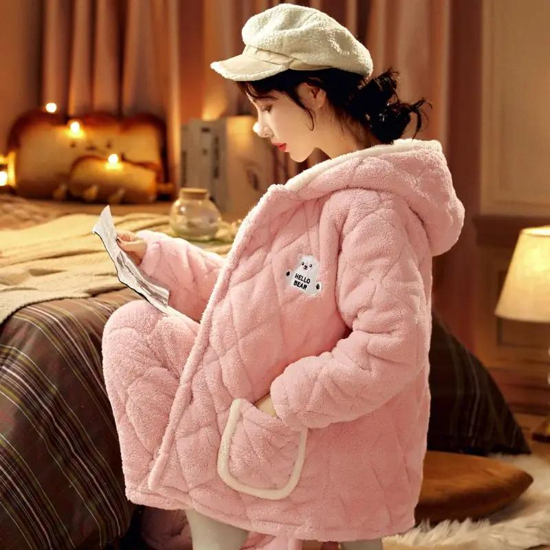 Ms. Autumn and Winter Coral Fleece Intensification Brushed Warm Flannel Loungewear Large Size Set Pajama Set Sleepwear Women