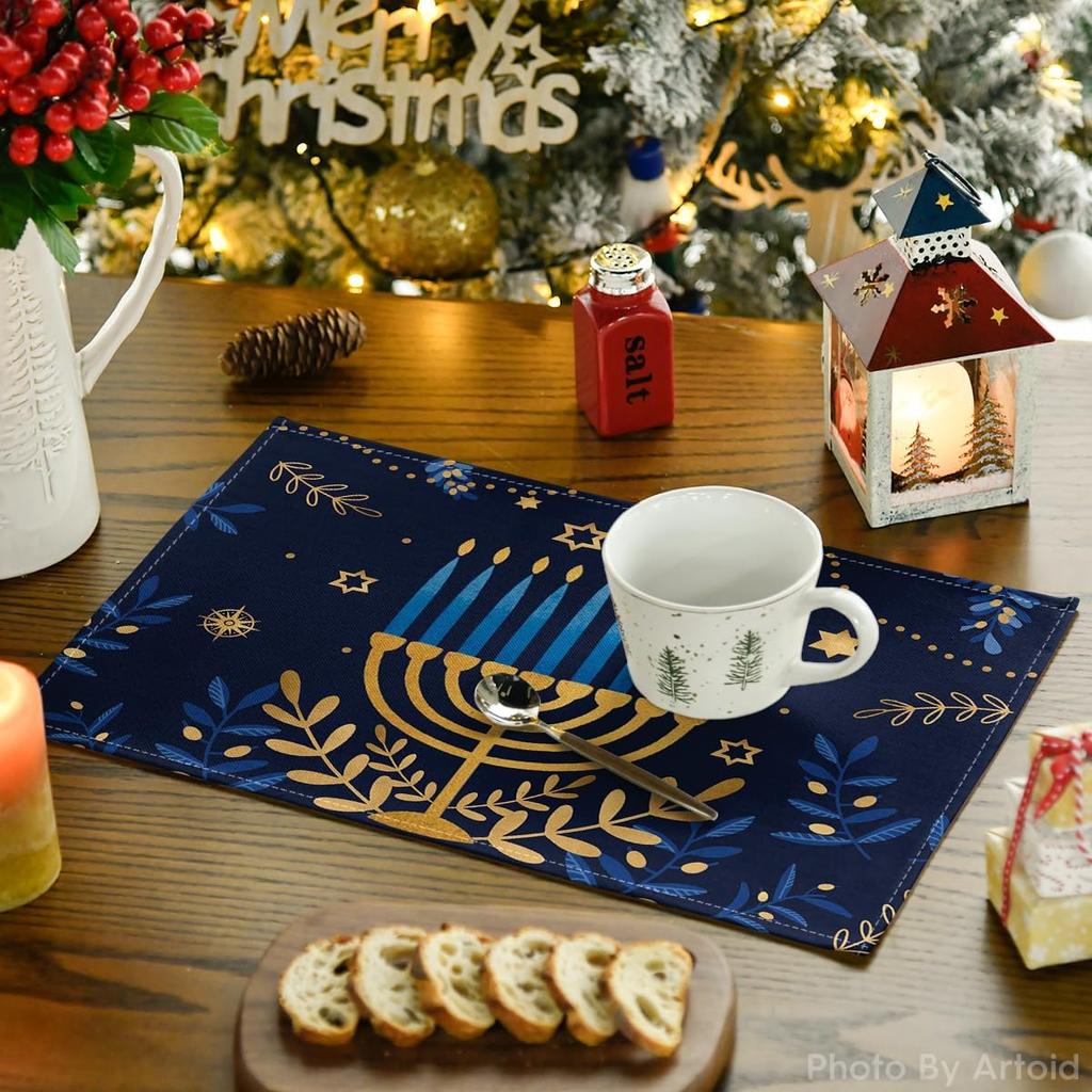 Artoid Mode Menorah Star Olives Hanukkah Placemats Set of 4, 12x18 Inch Chanukah Holiday Table Mats for Party Kitchen Dining Decoration