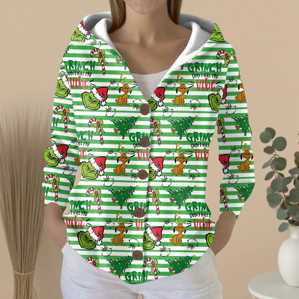 Women's Fashion Casual Sweater Button-Up Print Cardigan  Hooded Jacket