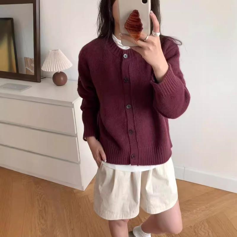 Real Shot Net Color Round Neck Loose Single-breasted Coat Women's Retro Simple Long-sleeved Cardigan Jacket Lazy Wind Top