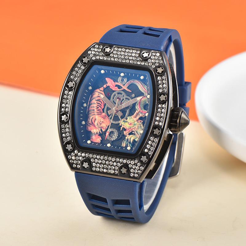 Men's Trendy Barrel-Shaped Full Diamond Quartz Watch with Calendar