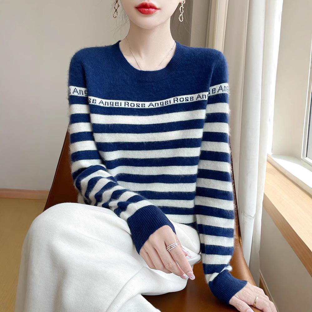 Women's Striped Crew Neck Wool Sweater - Autumn/Winter Loose-Fit Cashmere Knit