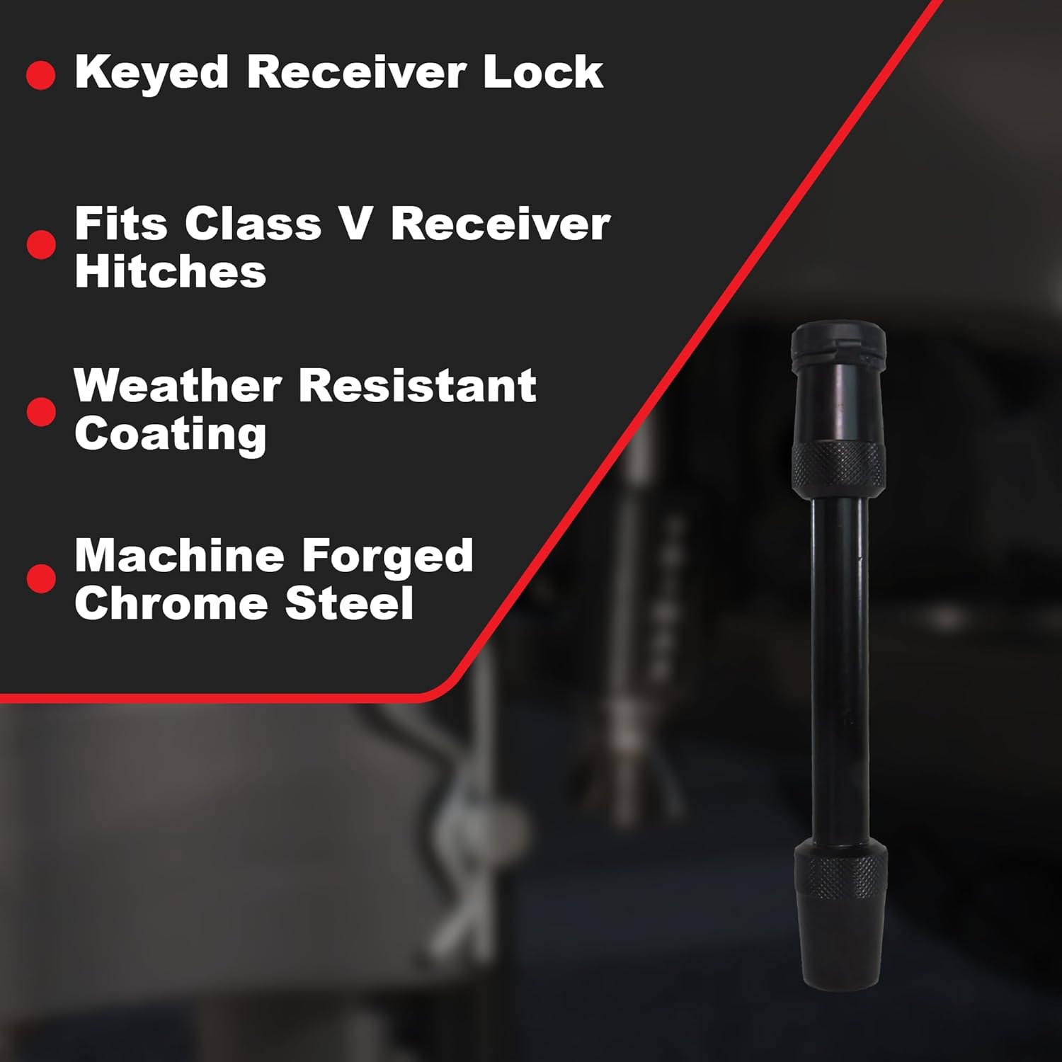 

T5Black 5/8 Receiver Lock, 3.5 Span, Fits Class V Hitches, Chrome Steel, Black Epoxy Coating, Keyed Anti-Theft United States