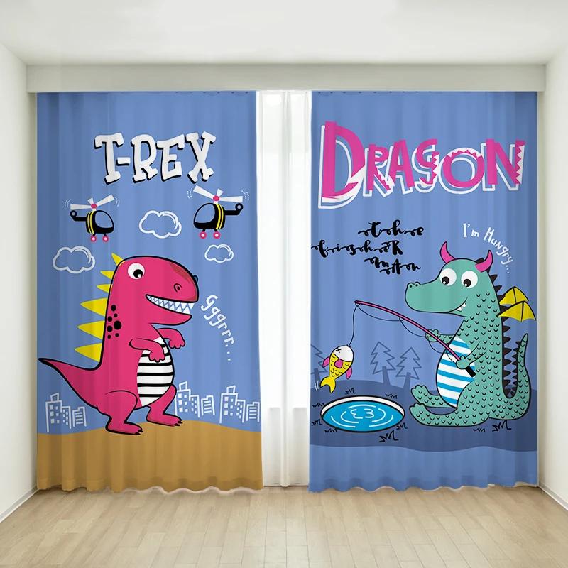 

Мультфильм милый динозавр высокая затемняющая занавеска для окна детской комнаты плотная затемняющая драпировка крючок для пробивания отверстий различные узоры динозавров W55 X H120cm X 2&Grommet Top