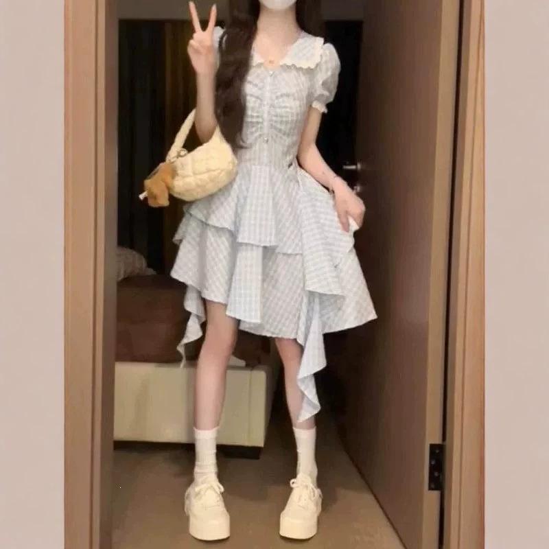 Blue plaid doll collar dress women's summer small retro college style design irregular short skirt