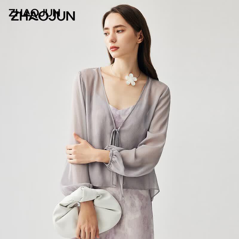 Zhaojun Women s Silk Georgette Tie-Waist Cardigan XL
