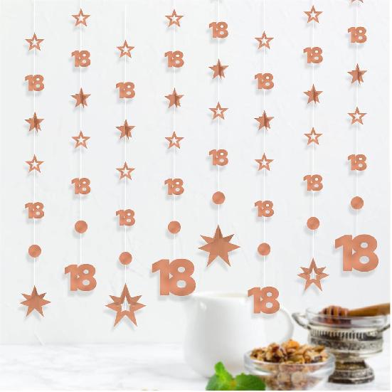 Rose Gold 18th Birthday Decorations for Girls, 8 PCS Number 18 Circle Dot 3D Star Metallic Hanging Streamer Happy 18 Year Old Birthday Party Supplies