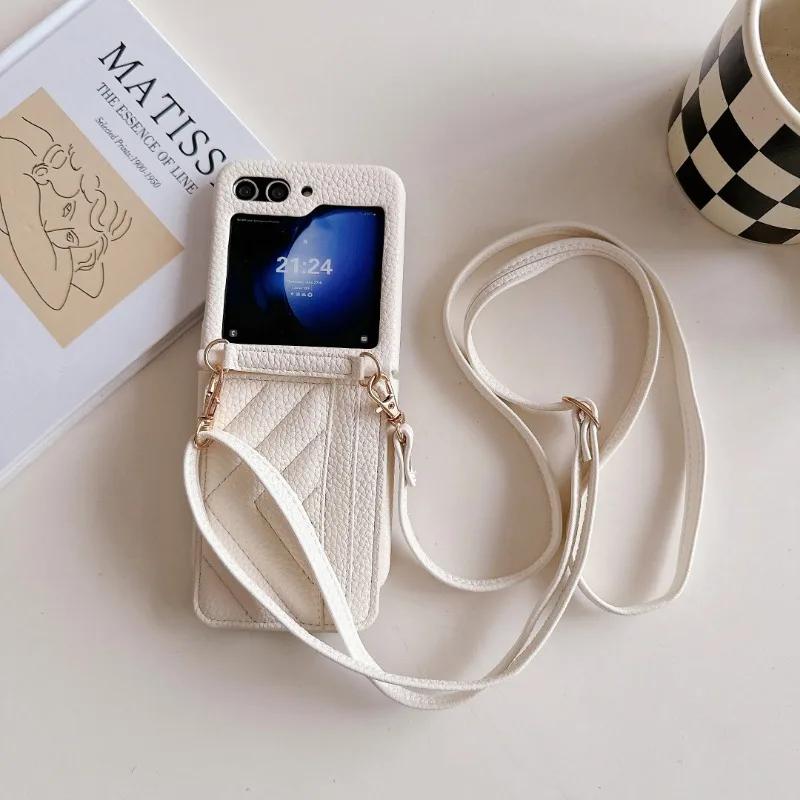 Lanyard Crossbody Wallet Phone Case for Samsung Galaxy Z Flip 6 5 4 3 Flip6 Flip5 Flip4 Flip3 5G Card Slot Holder Leather Cover
