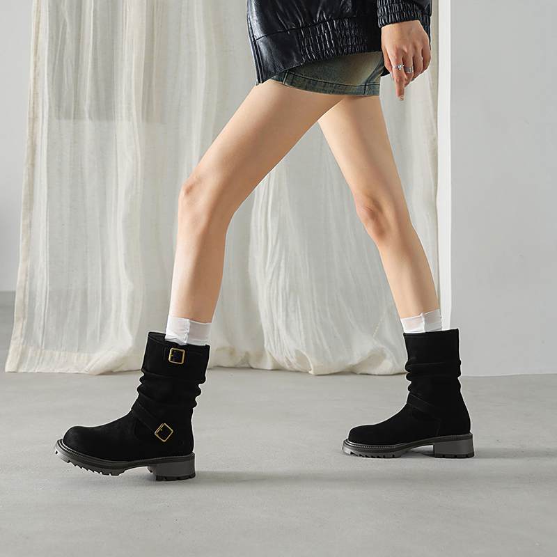 Krazing Pot Cow Suede Nubuck Winter Round Toe Western Boots Med Heels Slip On Metal Buckles Women Mid-calf Boots