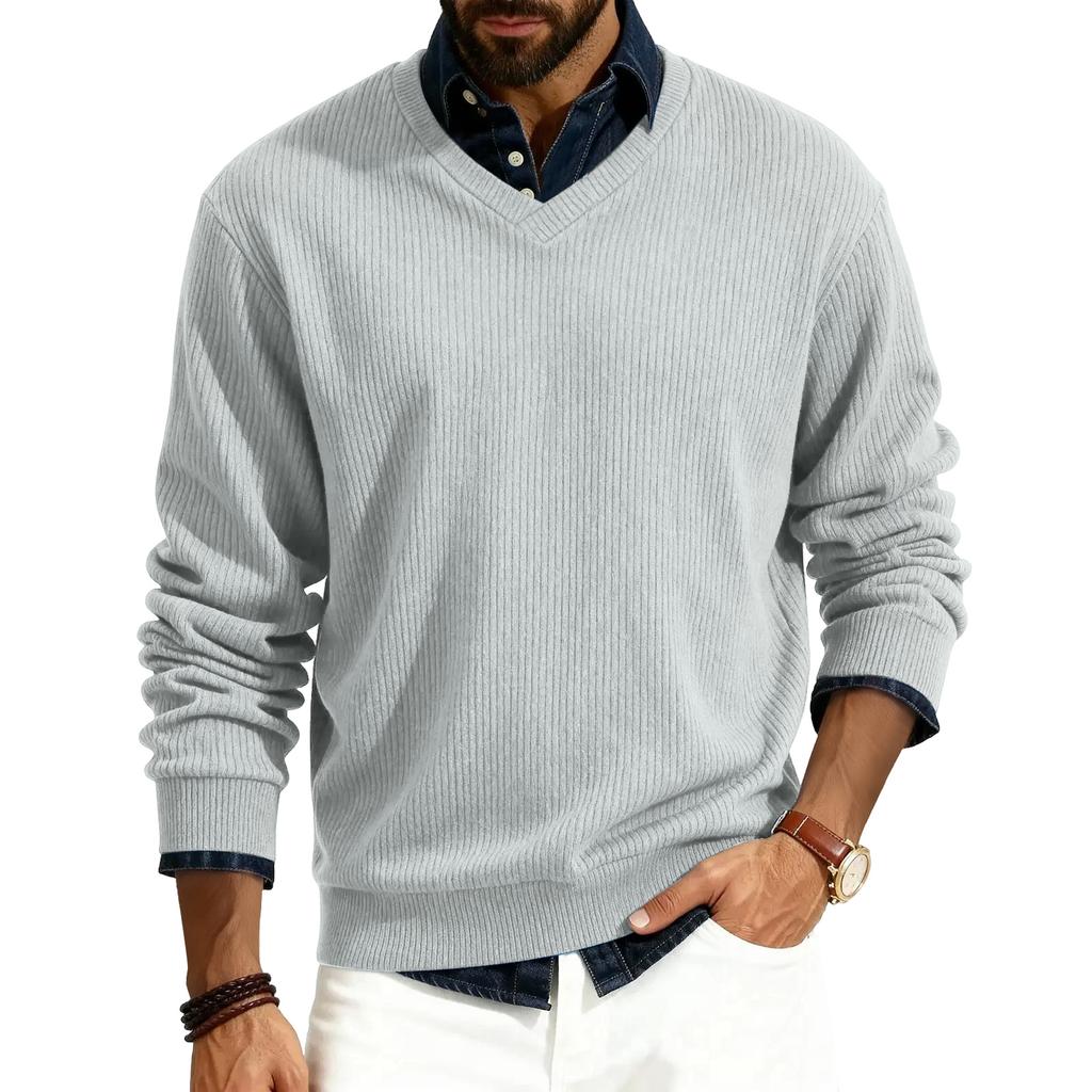 Pulôver Masculino Tricot Canelado Manga Comprida Decote V