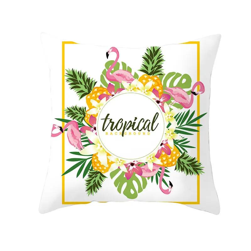 Housse de Coussin Décorative Flamant Rose Plantes Tropicales d'Été Feuilles Vertes Housse de Coussin à Jeter Housse de Coussin Flamant Rose