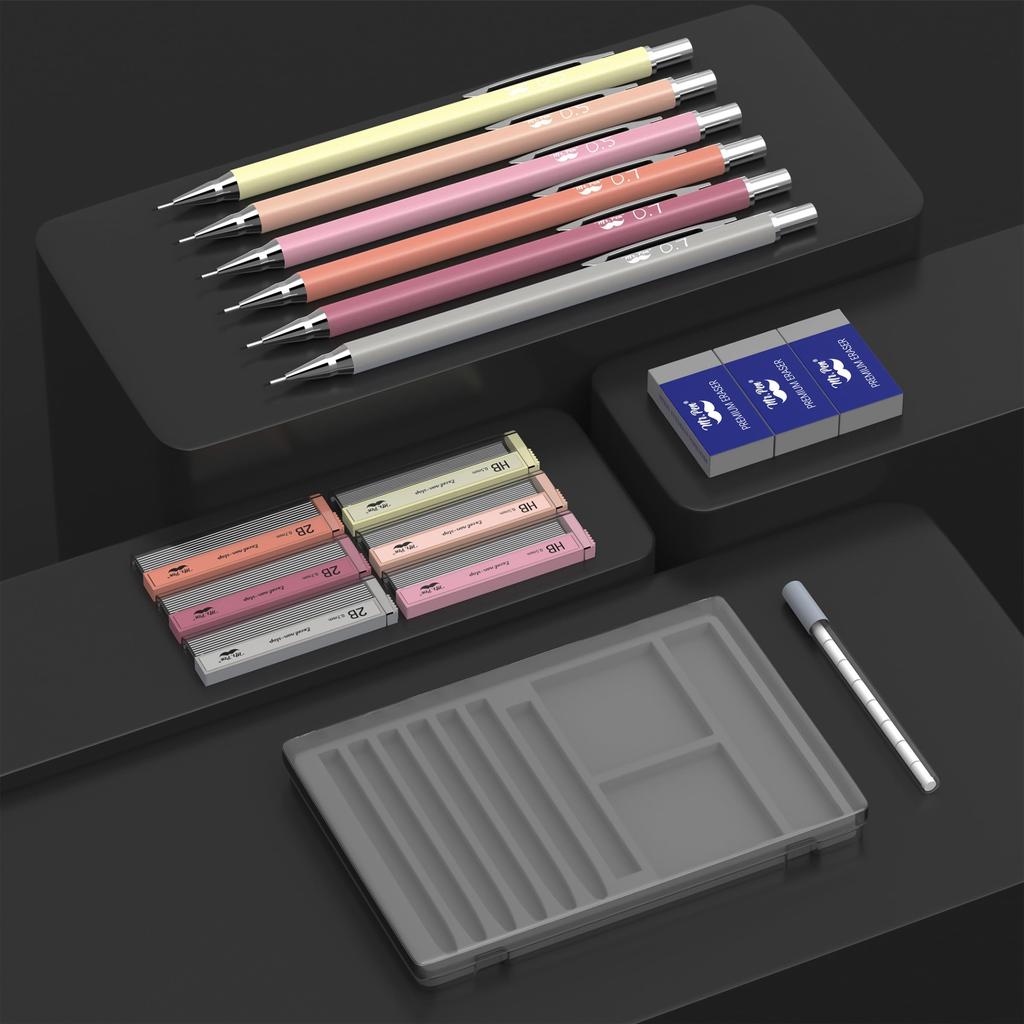 Sada per a mechanických tužek s tuhou a gumou Boho téma Roztomilá estetická pastelová LED tužka Mr. Náplně, 6 kusů 0,5 mm & 0,7 mm, 0,7 mm