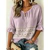 Women's Tie Split Neck Blouse, Light Purple White Seashell Border Print, Loose Fit for Spring Summer Daily Casual Outfits