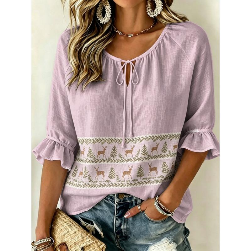 Women's Tie Split Neck Blouse, Light Purple White Seashell Border Print, Loose Fit for Spring Summer Daily Casual Outfits