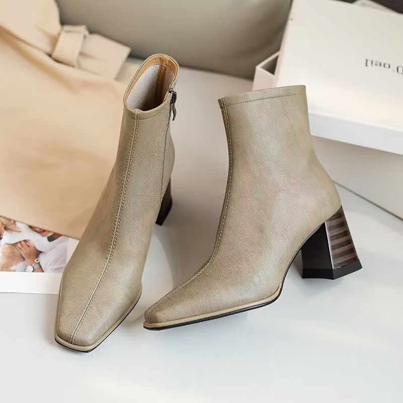 French fashion temperament short versatile boots women's autumn and winter new thick heel bare boots square head high heel thin boots