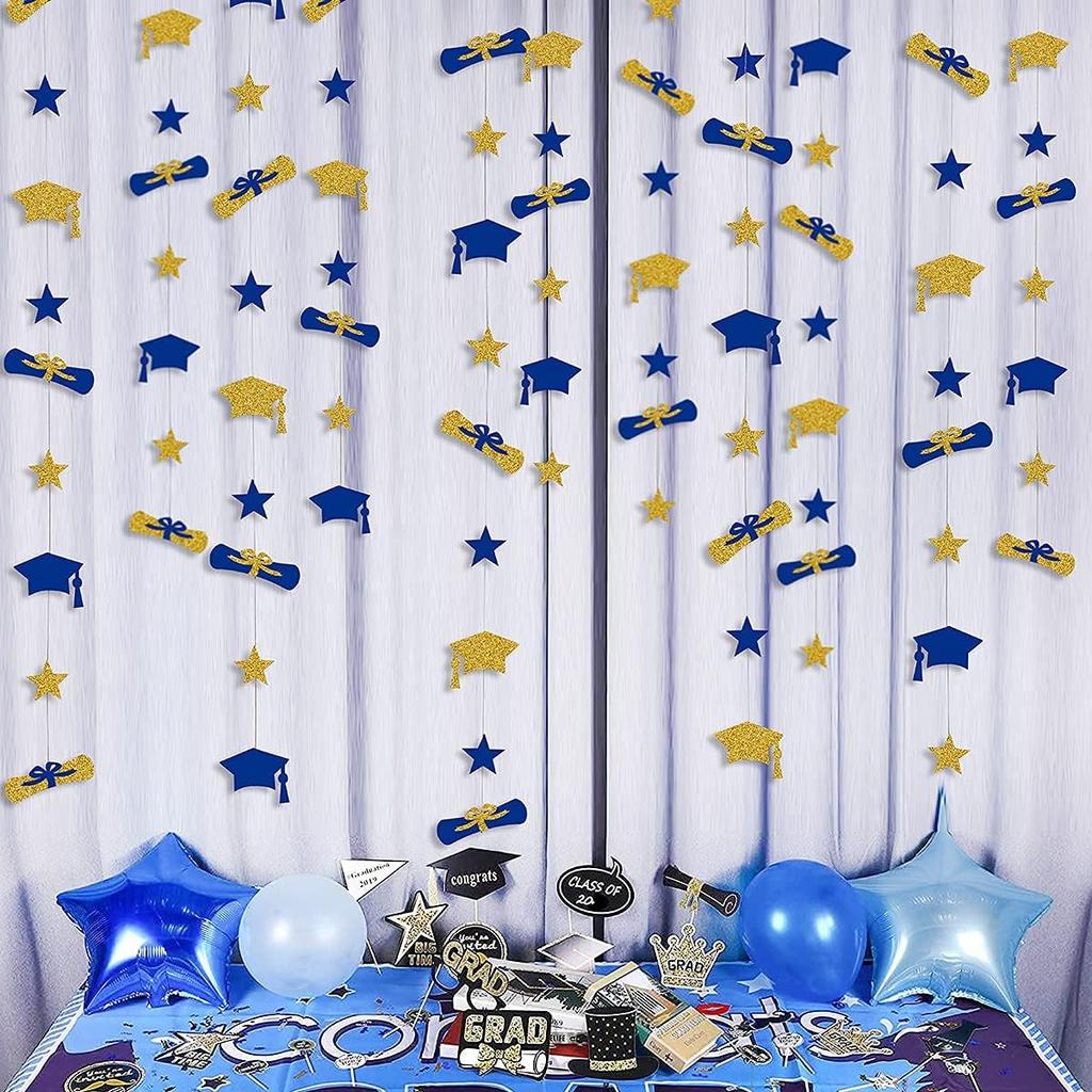 Pinkblume Navy Blue Gold Graduation Hat Diploma Star Garland Banner Bunting Streamer Backdrop for Graduation Party Supplies Classroom Middle High