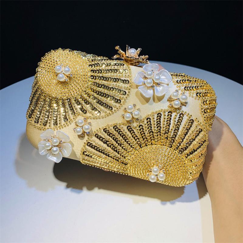 2025 Luxury Sequined Flower Design Peal Evening Clutch Bag Women Prom Glitter Banquet Bag New Shoulder Handbag Wedding Party Bag