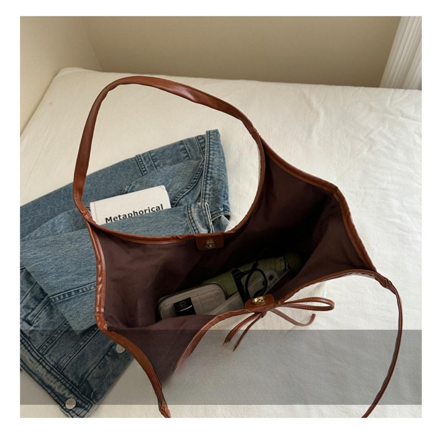 Korean Style Patchwork Canvas Tote Bag Fashion Commuter Handbag with Bow Tie Strap Casual Large Capacity Shoulder Purse CLE