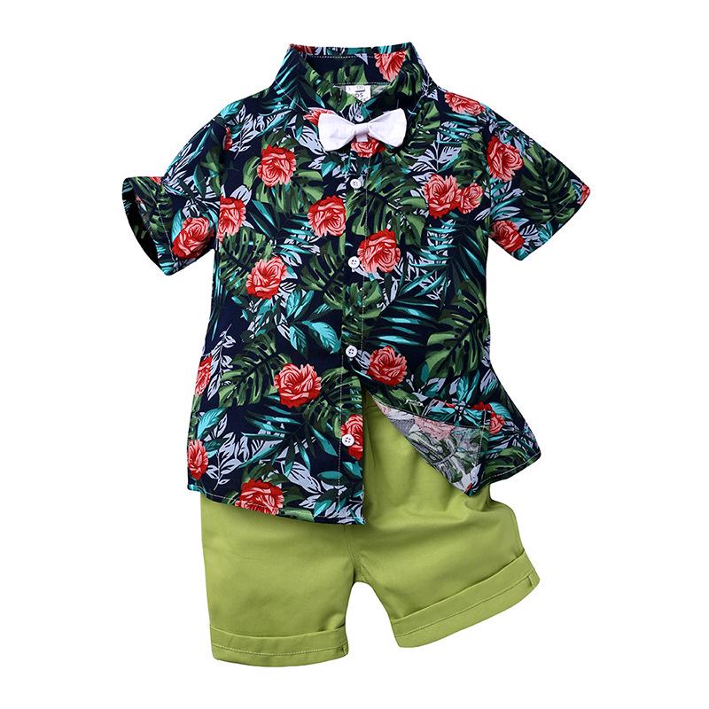 Blumenblatt-Print Kurzarm-Hemd Set für Jungen - Europäischer & Amerikanischer Stil