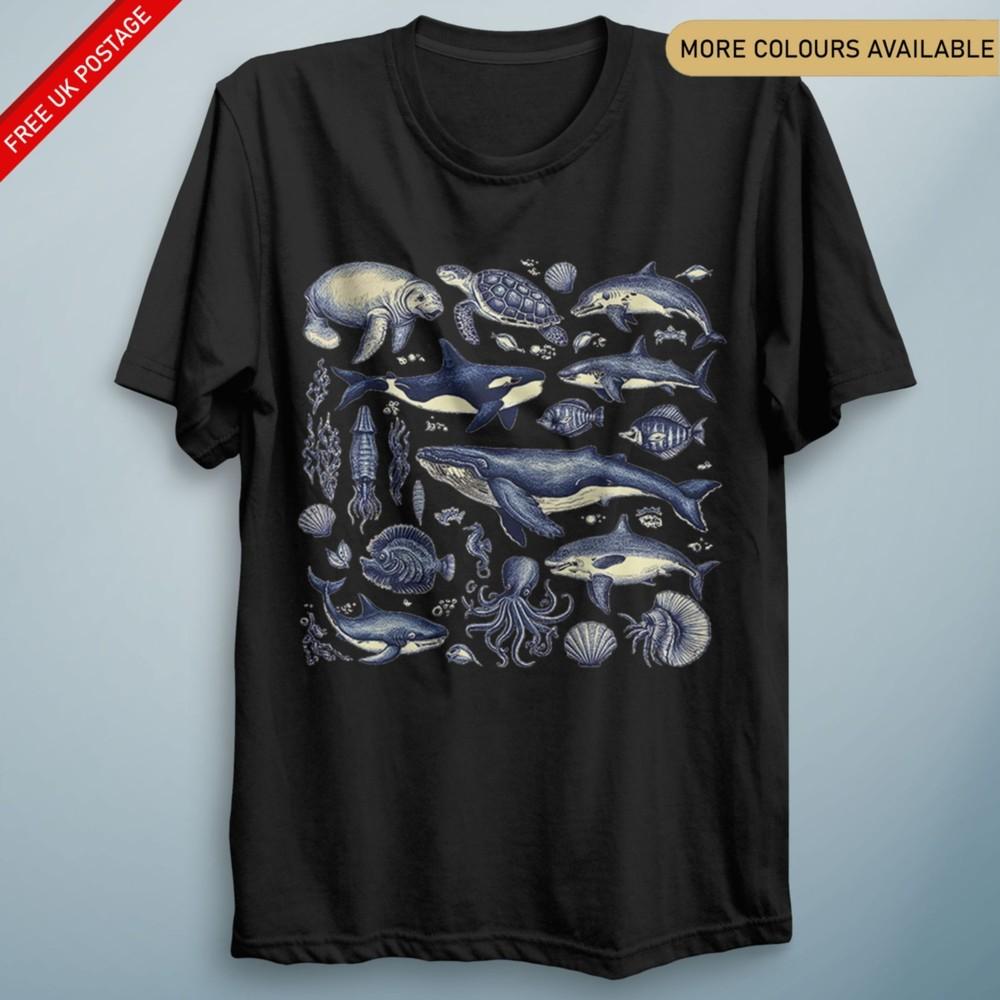 Marine Creatures Sea Life TShirt Dolphin Whale Ocean Animal Lover Tee S