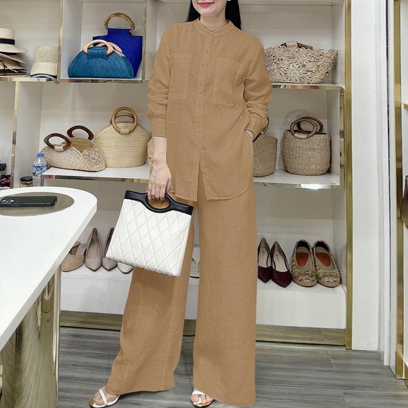 

ZANZEA Женская блузка с длинным рукавом и брюки повседневный комплект из двух частей 5XL хаки