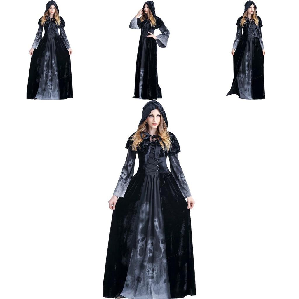 Enchantant Costume de Reine Maléfique Sorcière Gothique pour Femme Avec Manches Évasées Longues Élégantes