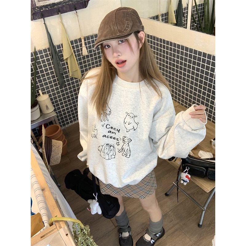 

Kumikumi Sweet Style Fun Cartoon Print round Neck Long sleeve Hoodie Women Autumn Loose All-Match Casual Top White Ash conventional One size