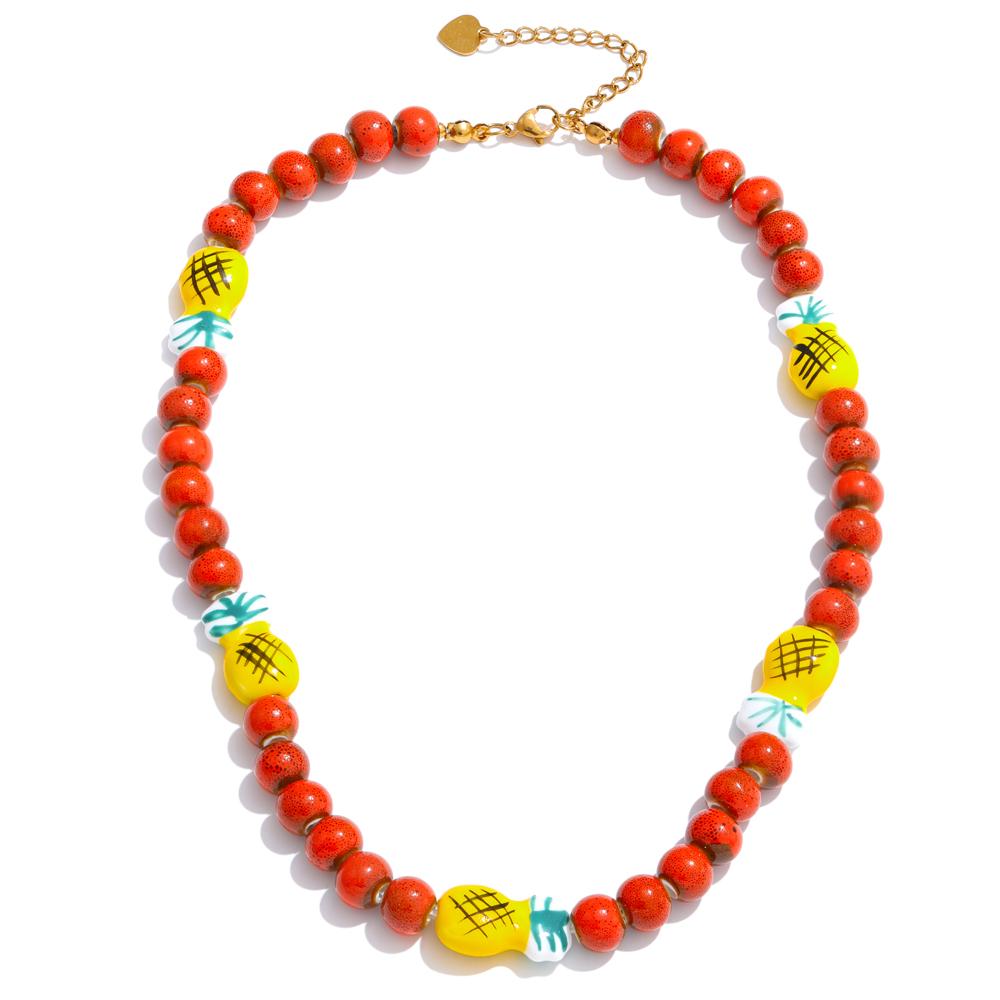 

Yhpup Fashion Red Ceramic Beads Fruit Pineapple Chain Necklace Handmade Jewelry Trending Summer Collar Accessories
