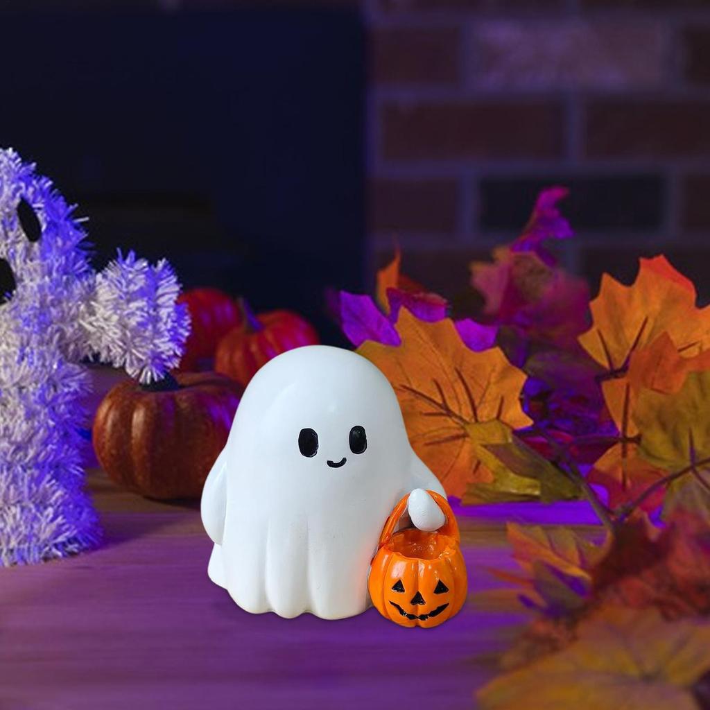 Ghost Pumpkin Figurine Miniature Lovely Cartoon Pumpkin Ghost Halloween Resin Cute Desk Display Ornament Home Decoration