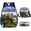 Minecraft Cartoon Print Backpack Set 3-Piece Student School Bag Water-Resistant Large Capacity Unisex