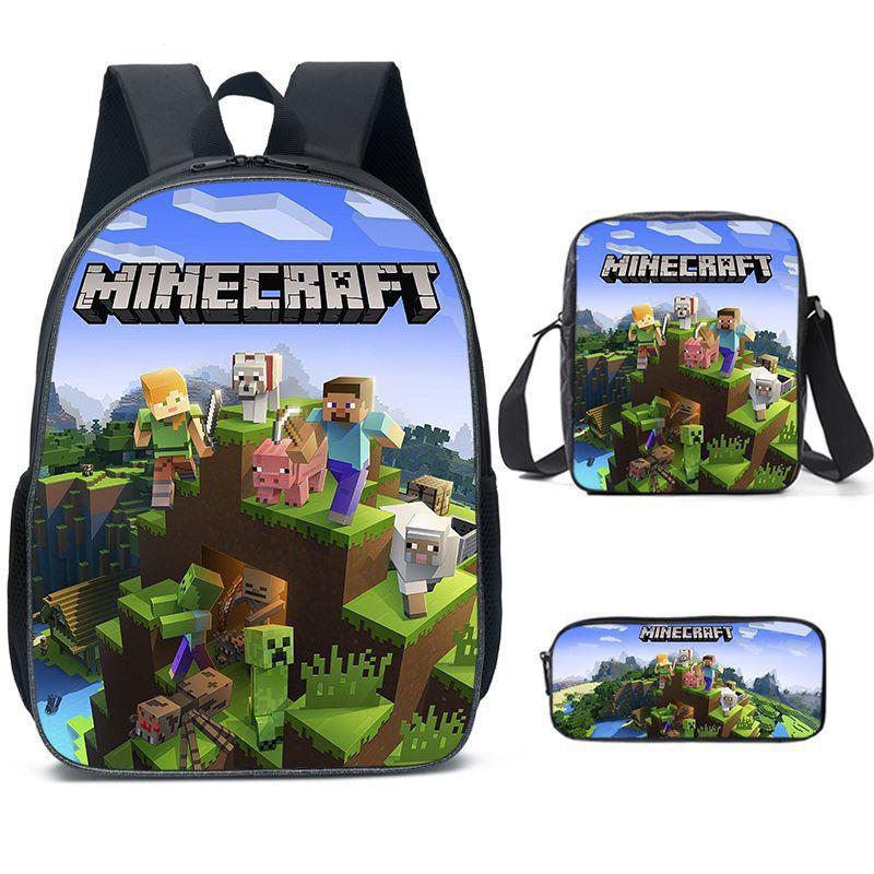 Minecraft Cartoon Print Backpack Set 3-Piece Student School Bag Water-Resistant Large Capacity Unisex