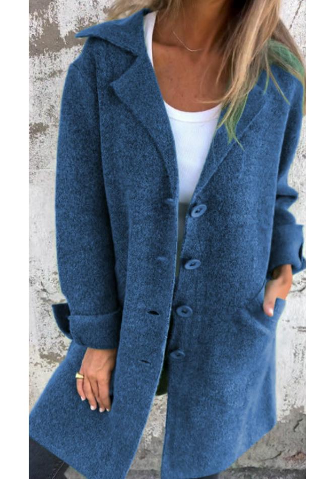 Elegant European Style Mid-Length Women's Solid Color Lapel Pocket Cardigan Coat
