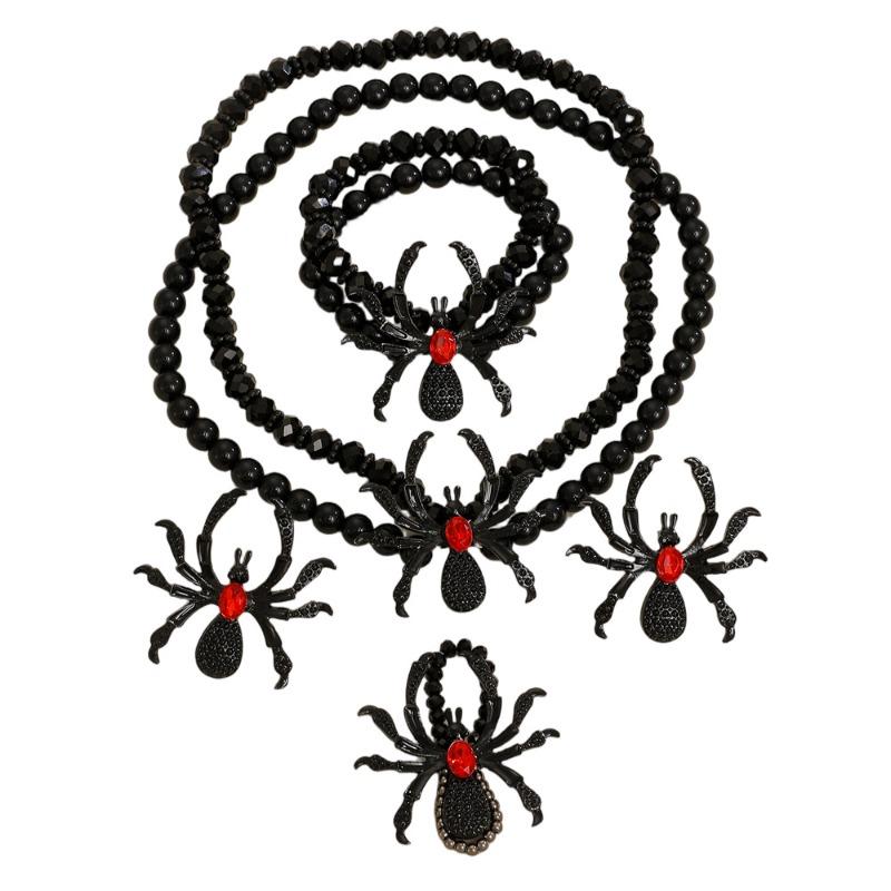 Meier Gothic dark punk statement halloween diamond spider necklace, bracelet, and ring set