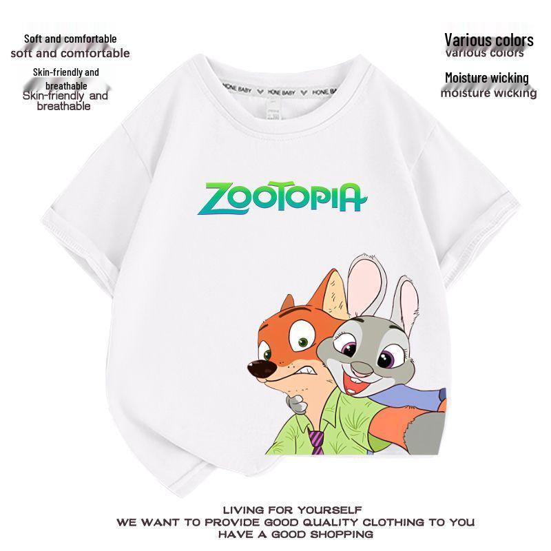 Kids' Zootopia Cartoon T-Shirt - Short Sleeve, Pure Cotton, Stylish Summer Top for Boys and Girls