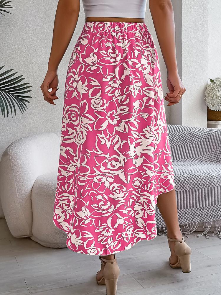 Casual Asymmetrical Flare Floral Print High Waist Skirt For Spring & Summer, Women's Clothing