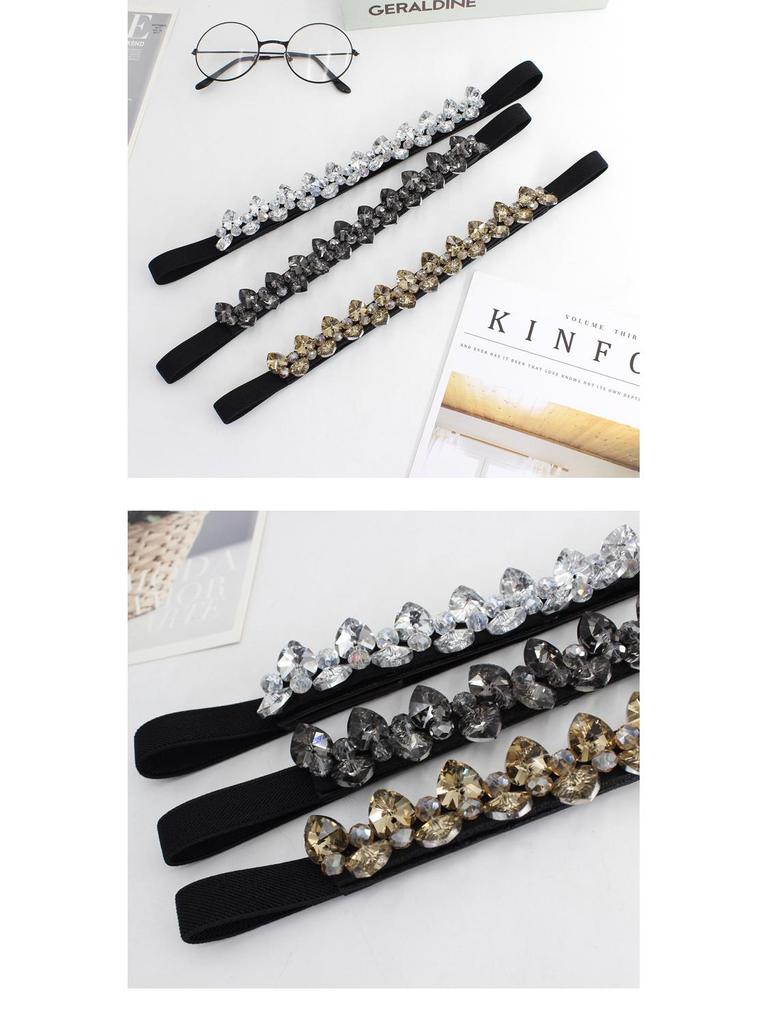 Damski elastyczny pasek z cyrkoniami zapinany na zatrzask - Wszechstronny wąski czarny pas wyszczuplający talię