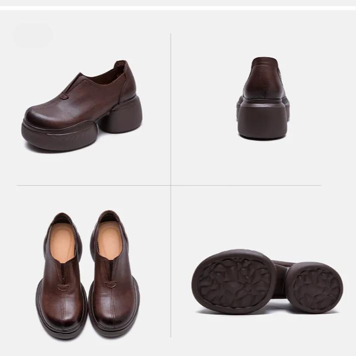 Johnature Retro Solid Color Thick Soled Pumps Genuine Leather Comfortable And Versatile Women's Slip-on Shoes