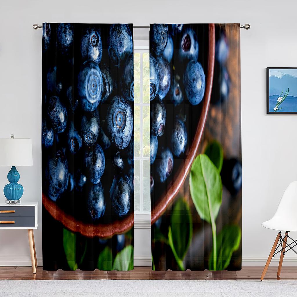Blueberries Fruit Green Leaf Tulle Curtains for Living Room Bedroom Decoration Chiffon Sheer Voile Kitchen Window Curtain Drapes