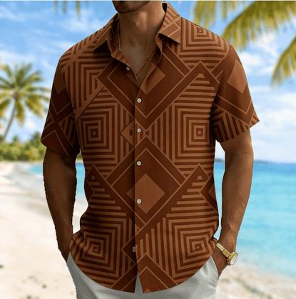 Men's Geometric Maze Print Short Sleeve Shirt, Spring Summer Casual Vacation Turn-Down Collar Blouse, Loose Fit Top