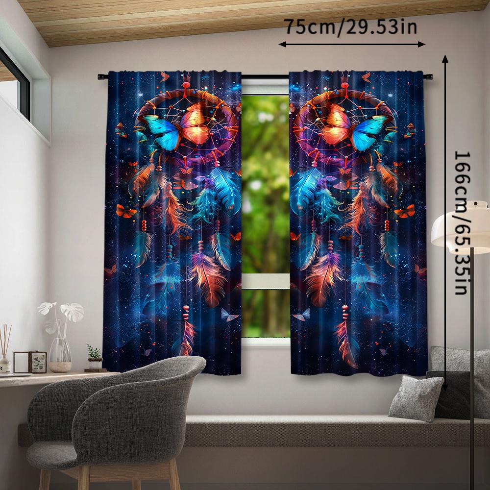 2pcs Boho Dreamcatcher Curtains - Colorful Butterfly & Cosmic Design   Rod Pocket Window Treatment for Bedroom   Living Room   Kitc