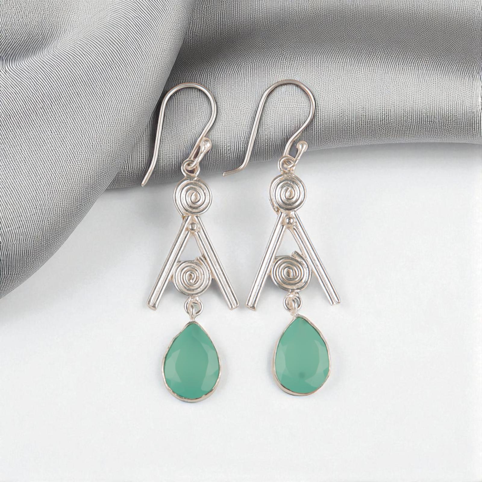 

Aqua Chalcedony Gemstone 925 Sterling Silver Jewelry Handmade Hook Earrings 2.4 EE-86-17