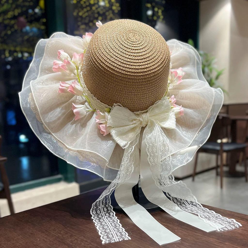 Bow Flower Big Brim Beach Straw Hat Women Spring and Summer New Seaside Sunshade Sun Hat Tide
