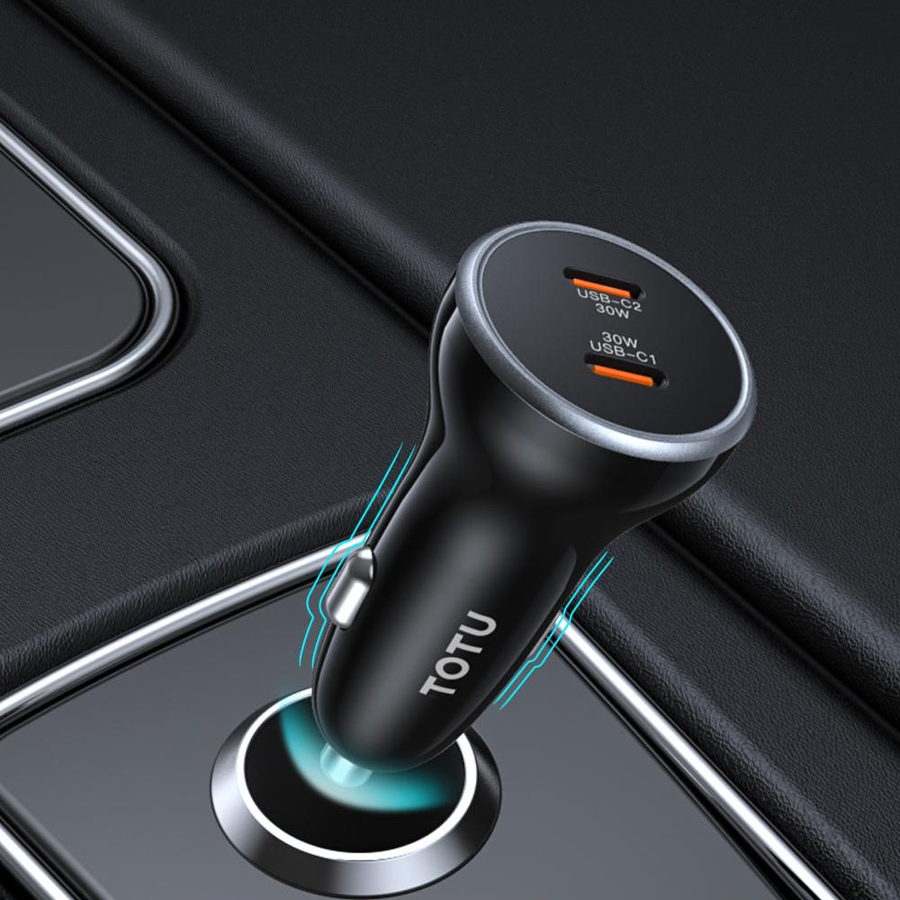 TOTU CC-6 Fast Car Charger Adapter Dual 60W USB-C Ports Cigarette Lighter Car Phone Charger