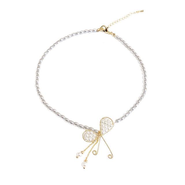 Vintage Big Bow Transparent Crystal Trendy Necklace Pearl Bead Choker Personality Elegant Sweet Short Chain Party Jewelry