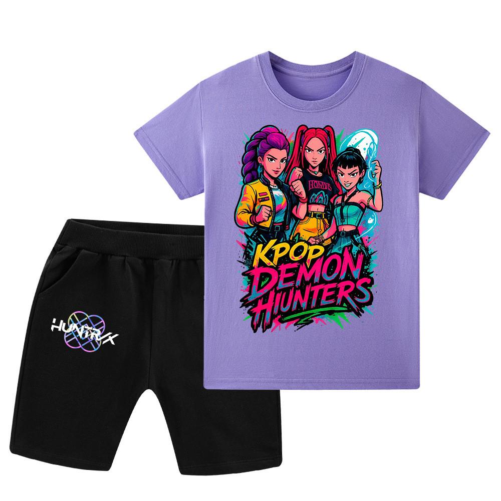 

WA1213 Kids Boys Girls Kpop Rumi Zoey Mira Print Short Sleeves T-shirt Shorts Pants Sets 160cm фіолетовий