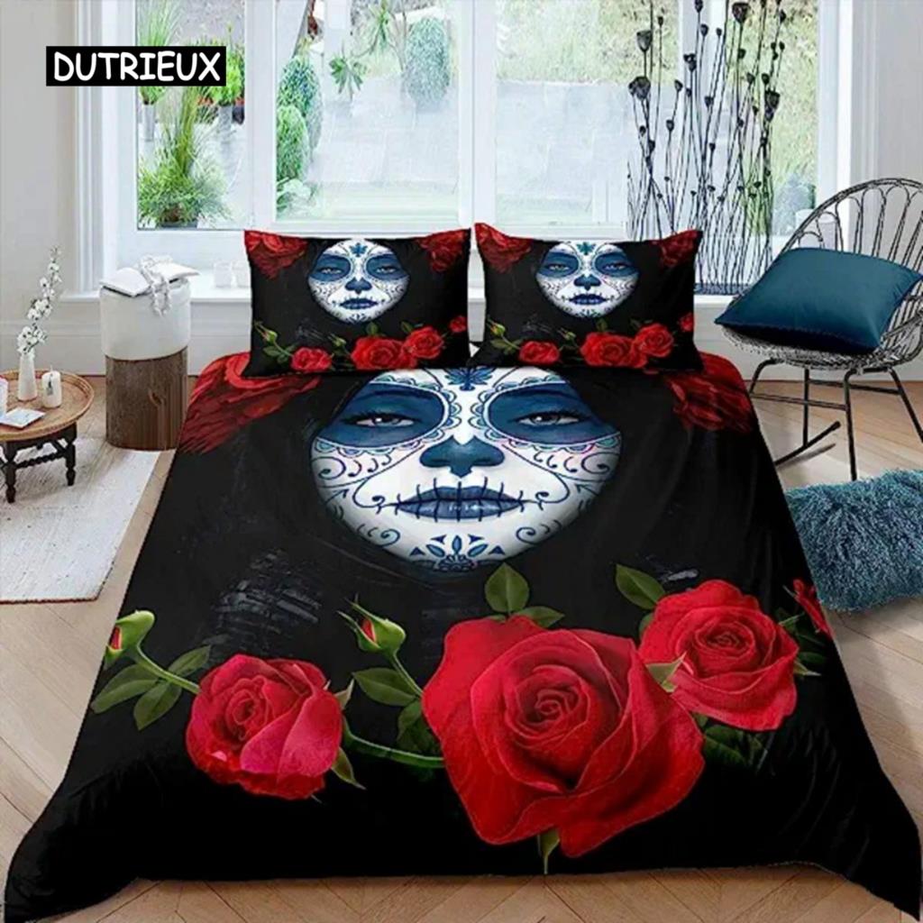 Sugar Skull Segas pārvalks Pusaudžu meitenes gultas veļas komplekts Sugar Skull Decor Gultas veļa Galvaskauss Skelets Rozes Ziedu apdrukas segas pārvalks Dekoratīvs