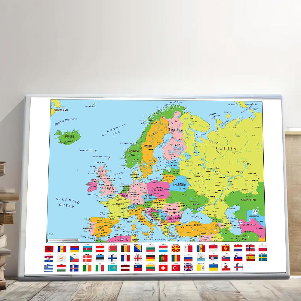 Evropská mapa-Politické rozložení-s vlajkami,Vzdělávací plakát pro domácí kancelář, třídu,Cestovní/Vzdělávací pomůcky