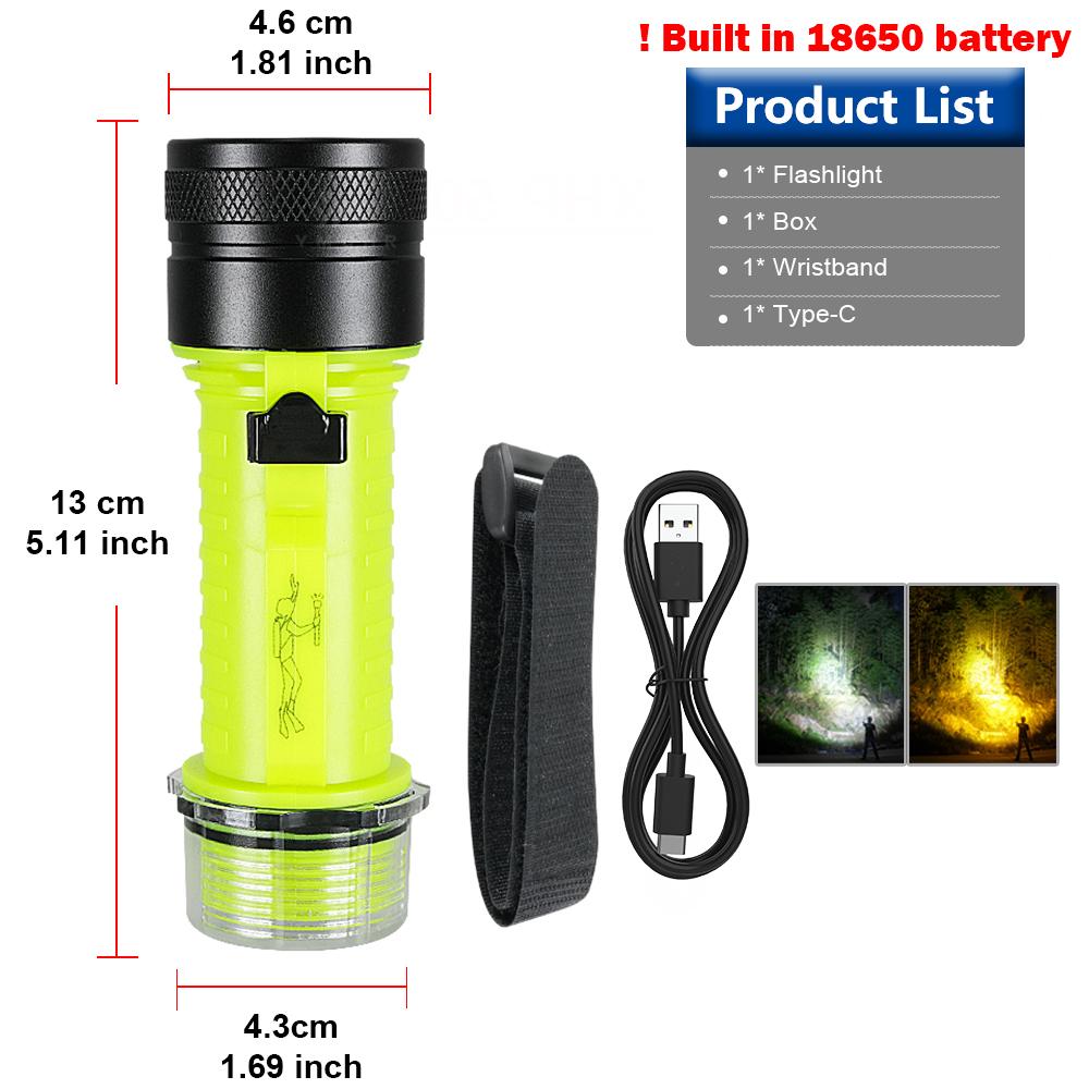 Dual Light XHP70 Dive Torch IPX8 Waterproof Professional Diving Flashlight 18650 Magnetic Slide Switch Rechargeable Scuba Lamp