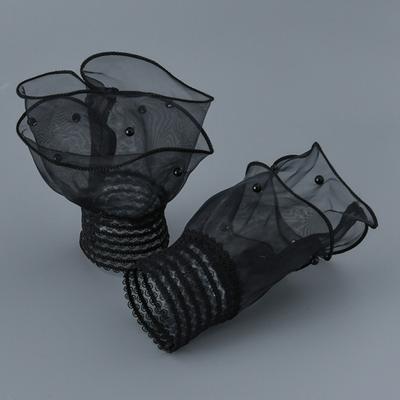 Yousheng 1 Pair Women Wrist Cuffs See-through Lace Elastic Faux Pearl Decor Anti-slip Ruffle Wrist Decoration Solid Color Princess Fake Cuffs